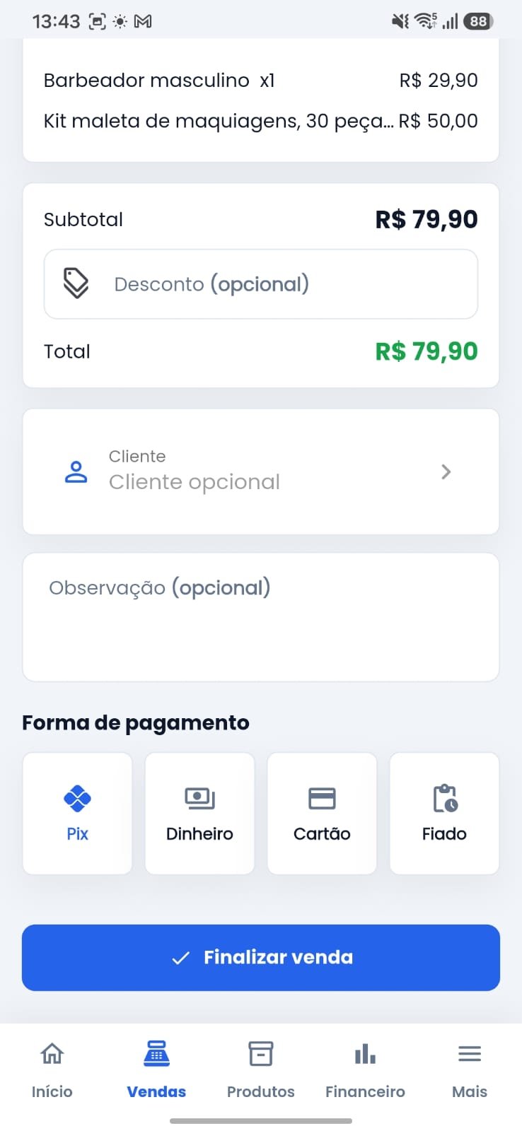 Tela para finalizar uma venda