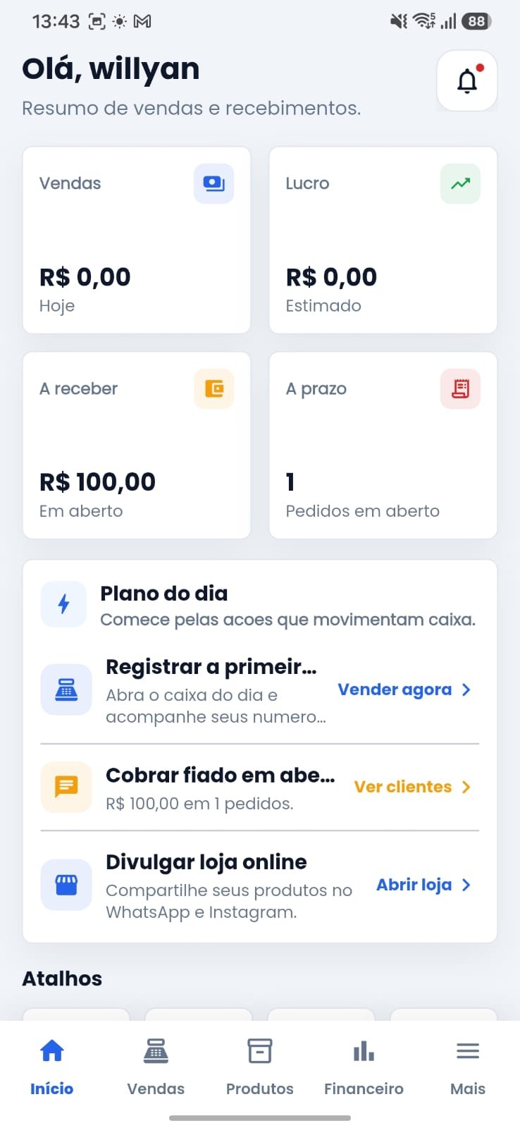 Tela inicial com resumo de vendas
